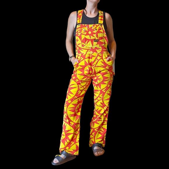 1950s Big Smith Hippie Overalls Bibs Sun Print Colorful 30 X 30 Yellow Orange - Picture 1 of 17